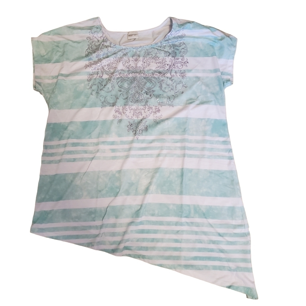 CHICO'S Zenergy 3 XL Tshirt Asymmetrical Hem Studded graphic Green white stripe‎